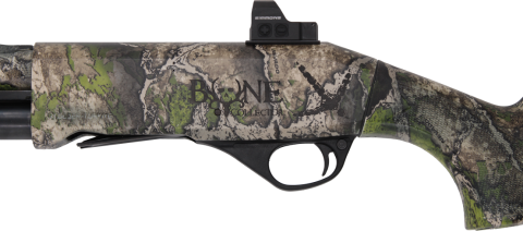Bone Collector logo on the side of a stoeger pump in Nevado Camo 